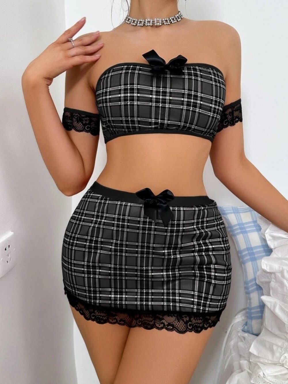 Sexy Maid Set Women's Lace Lingerie Babydoll Dress Sleepwear Bra+Mini Skirt Set